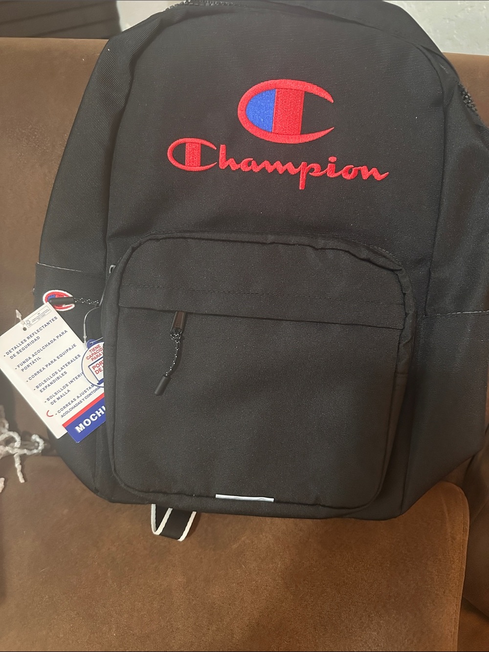 Champion Black Backpack with Red & Blue Logo Embroidery